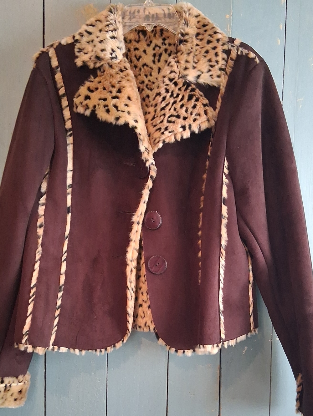 Leopard Trim Brown Women's Jacket Faux Fur
